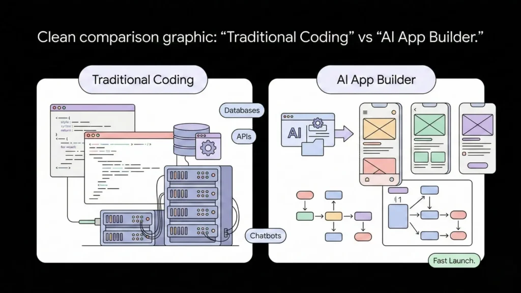 Comparison between traditional coding and AI no-code app builder showing faster development, automation, and simplified workflows