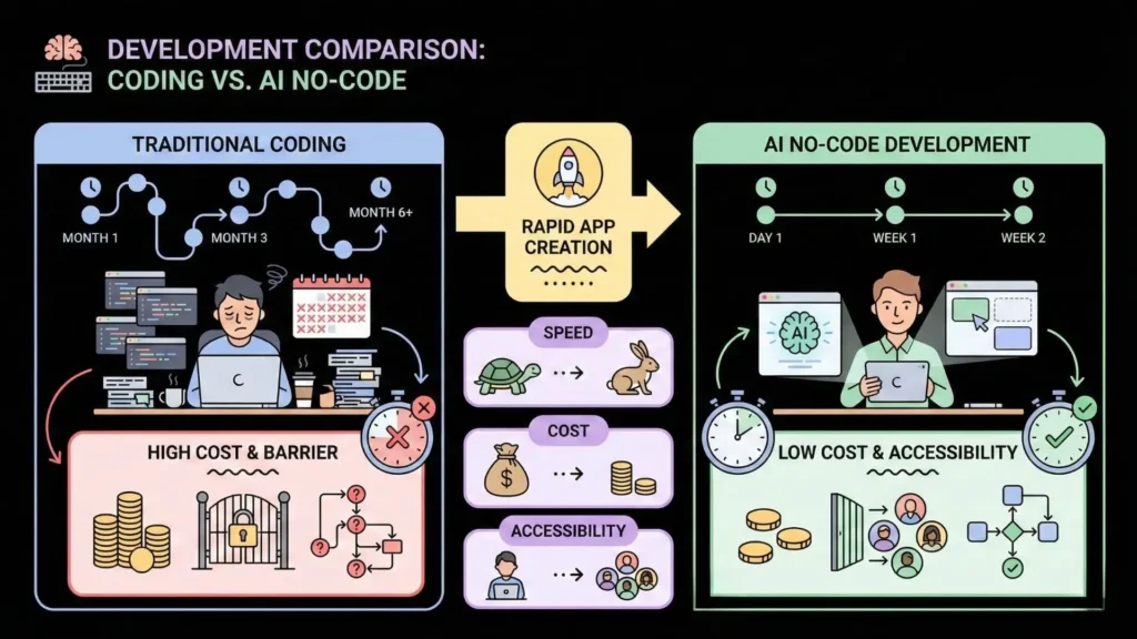 Comparison between traditional coding and AI no-code development, highlighting faster app creation, lower cost, and improved accessibility with AI-powered no-code platforms.
