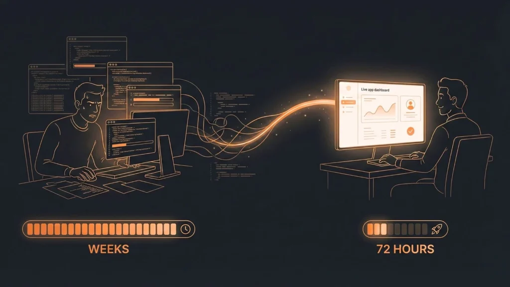 Comparison of traditional software development taking weeks versus AI-powered app development completed in 72 hours