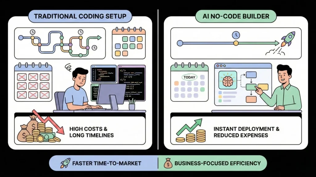 Traditional coding compared to AI no-code app builder