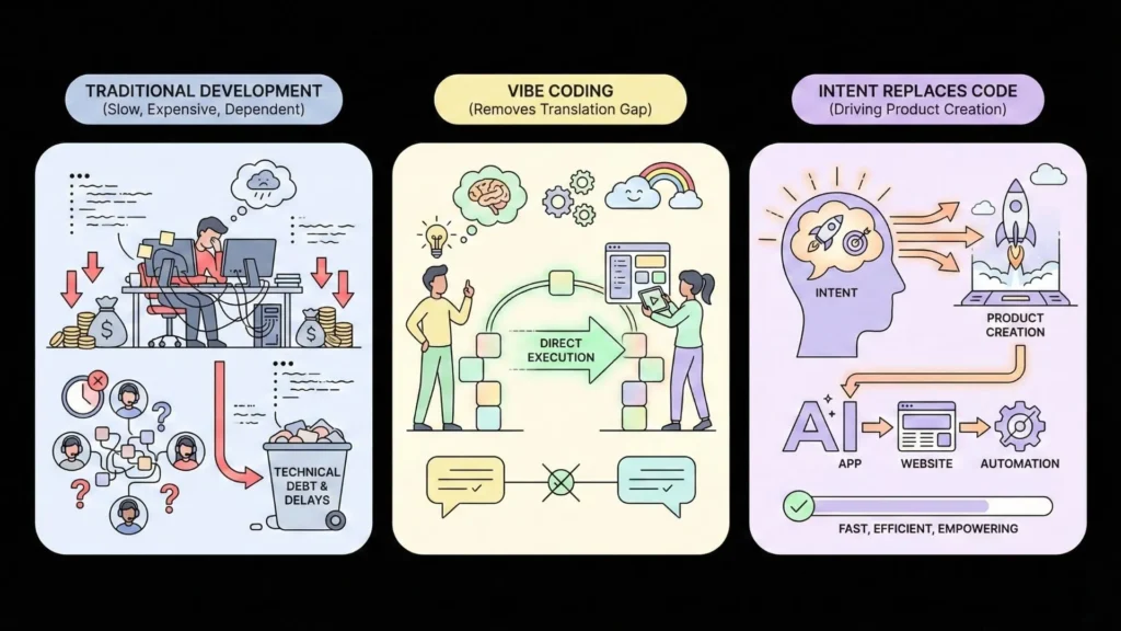 Comparison of traditional app development, vibe coding, and intent-driven AI app creation using no-code platforms