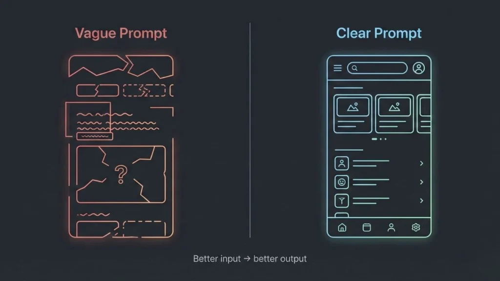 Side by side illustration showing how a vague AI prompt produces a broken, unclear interface while a clear prompt results in a structured, usable app design.