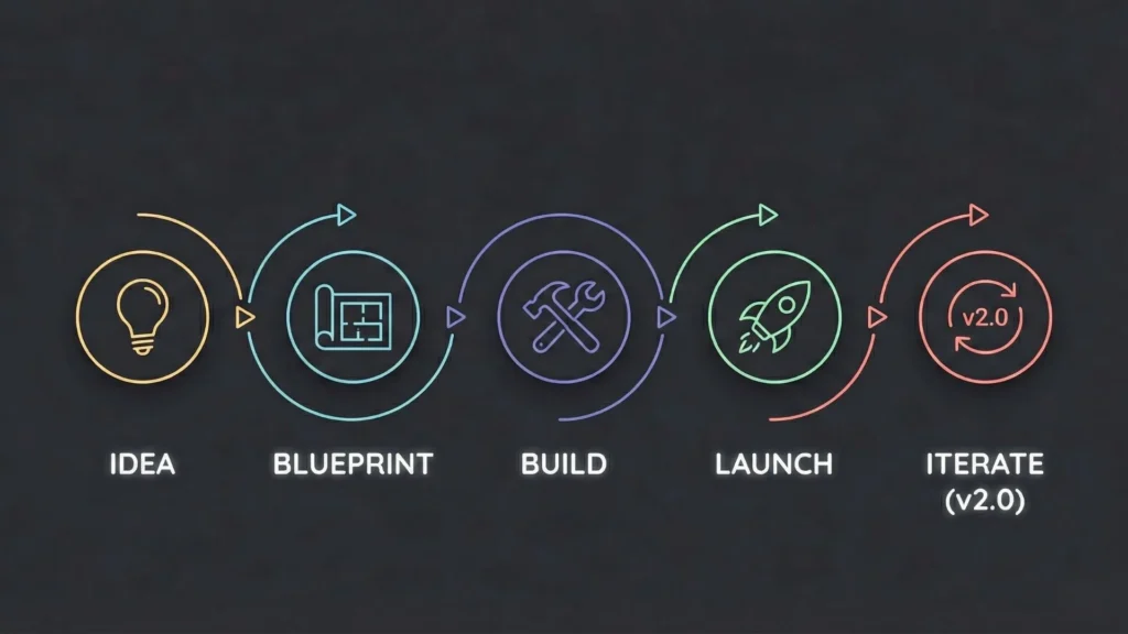 Minimal dark mode five-step product roadmap flow with pastel line art icons.