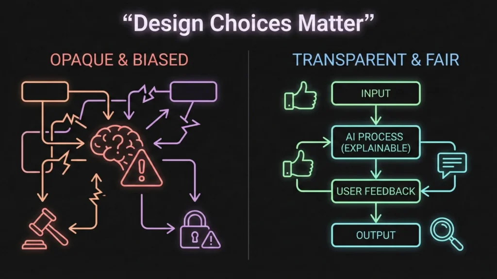 Infographic comparing opaque, biased AI with transparent, fair AI design.