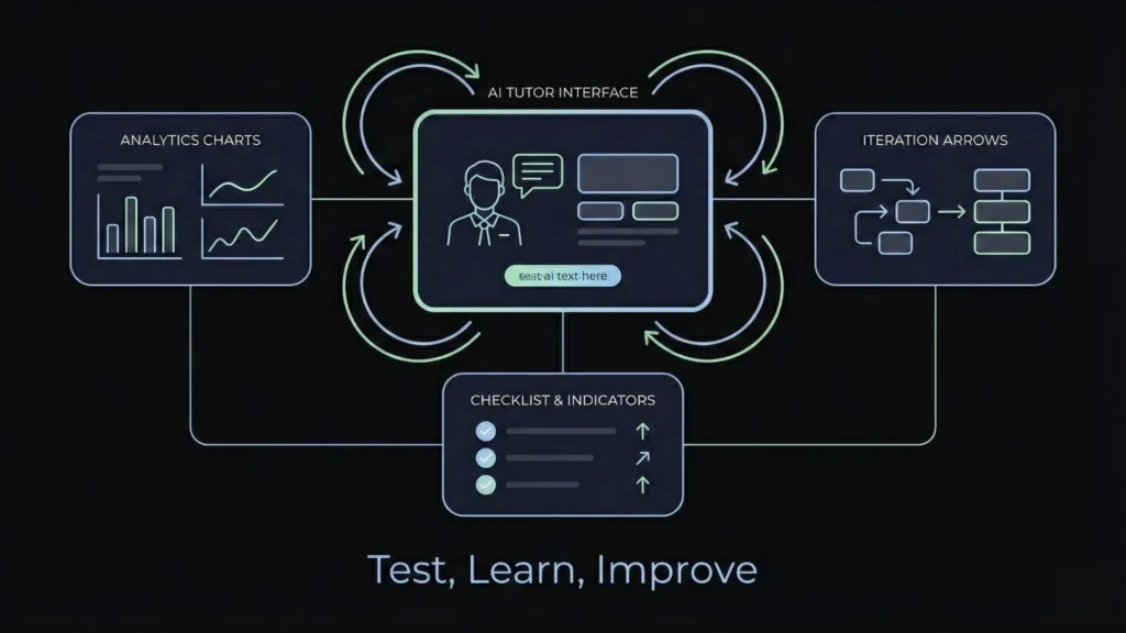 AI Tutor Interface infographic with analytics charts, iteration arrows, and checklist indicators.