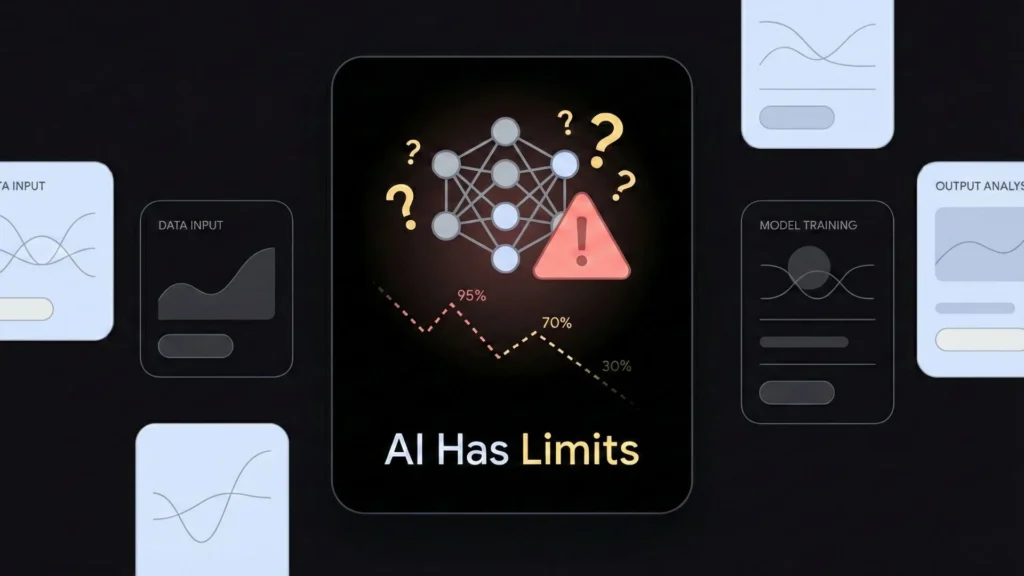 Dark mode infographic: AI neural network, warning sign, and graph showing limits.
