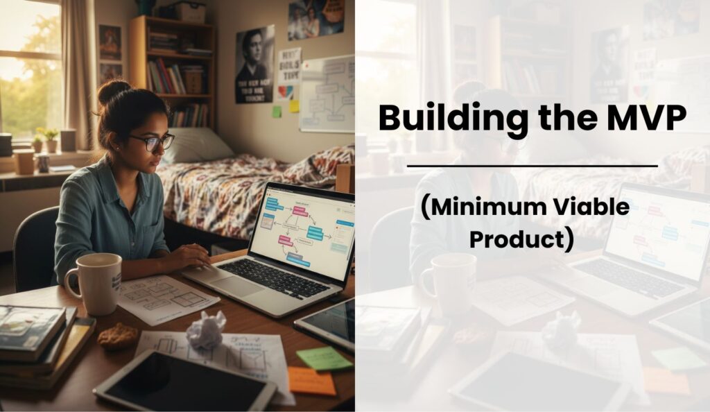 Focused student designing no-code app flowcharts on laptop in dorm.