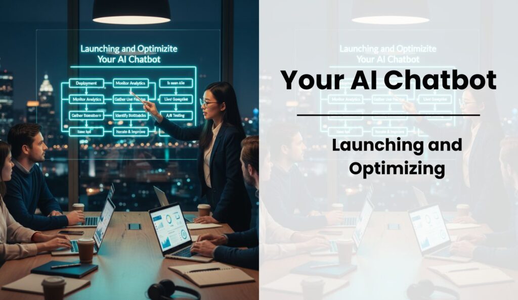 Businesswoman presenting chatbot optimization strategies to colleagues in conference room.