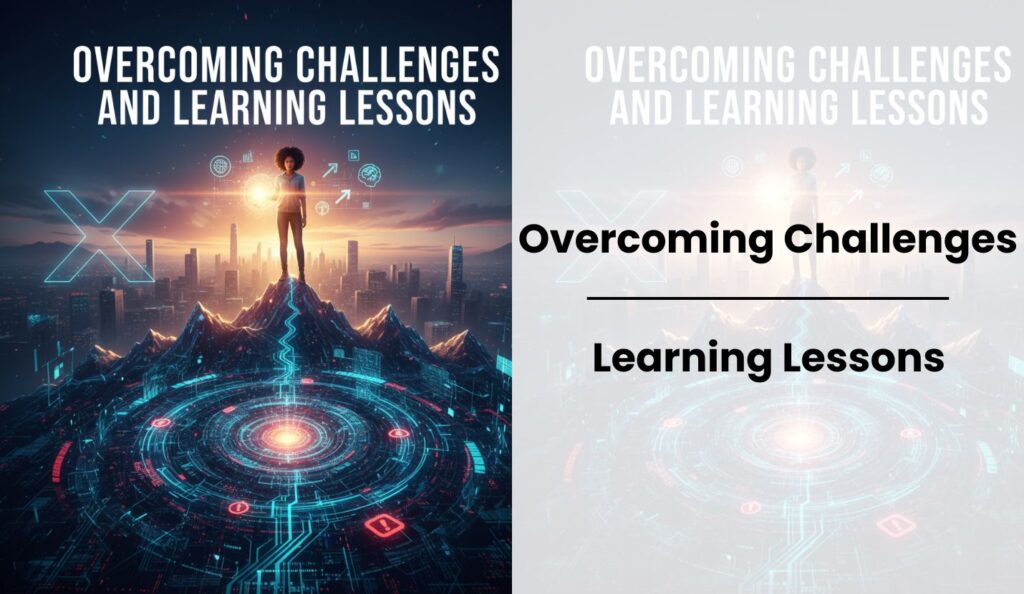 Person atop mountain visualizes overcoming challenges through digital pathway.
