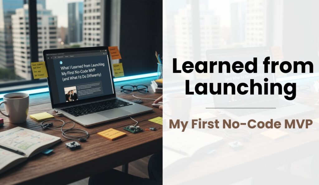 Person working on laptop, reading article about launching a no-code MVP.