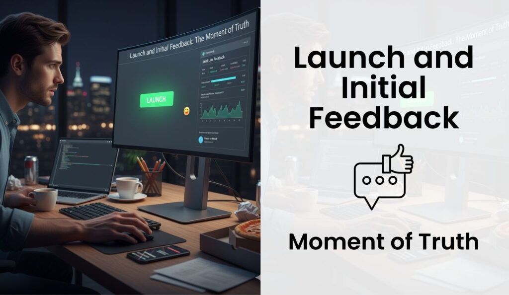 Developer at desk preparing software launch, analyzing user feedback dashboard data.