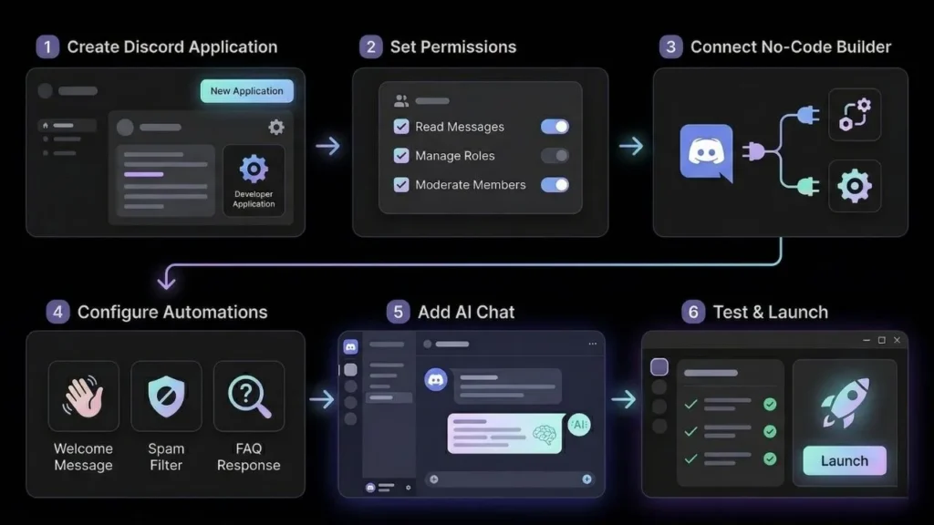 a step by step infographic guide for building an ai powered discord bot using no code automation
