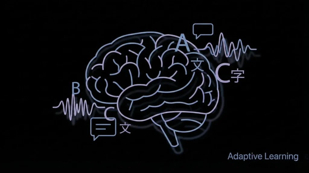 Minimal dark mode vector brain with language symbols and adaptive learning text.