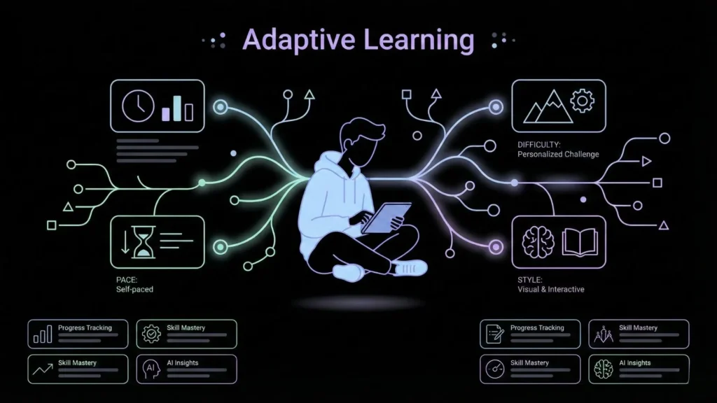 Dark mode illustration of student with branching neural network learning paths.