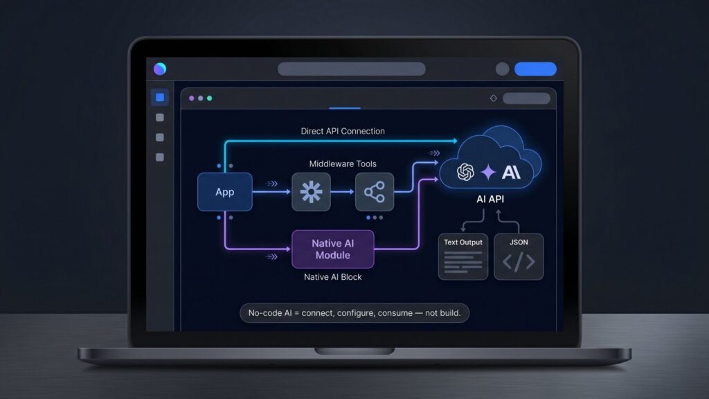 Illustration of AI API integration showing app, middleware tools, native AI module, and direct API connection with text and JSON output flow