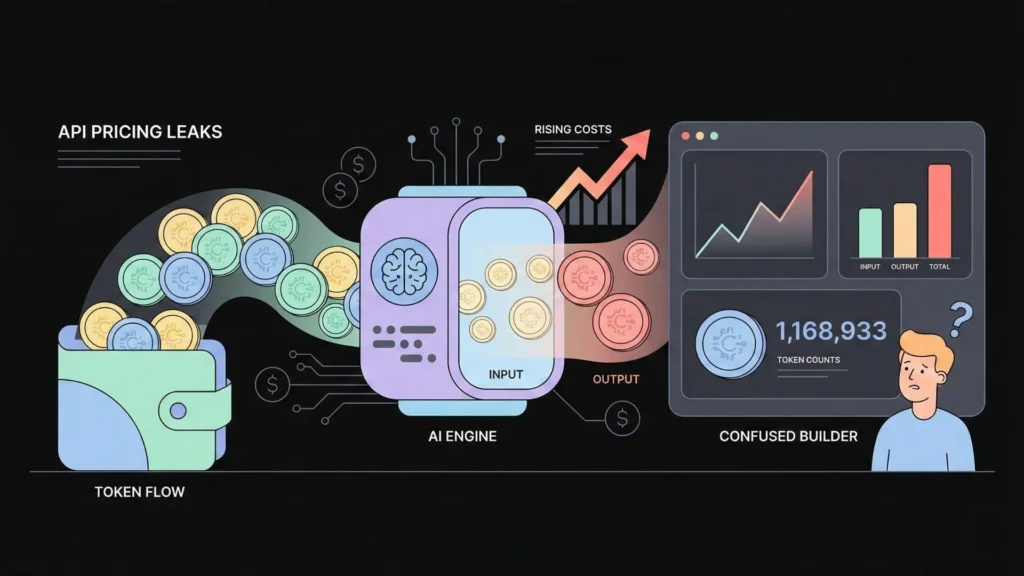 Illustration showing AI token flow from input to output, rising API costs, and a confused no-code builder monitoring token usage and expenses.