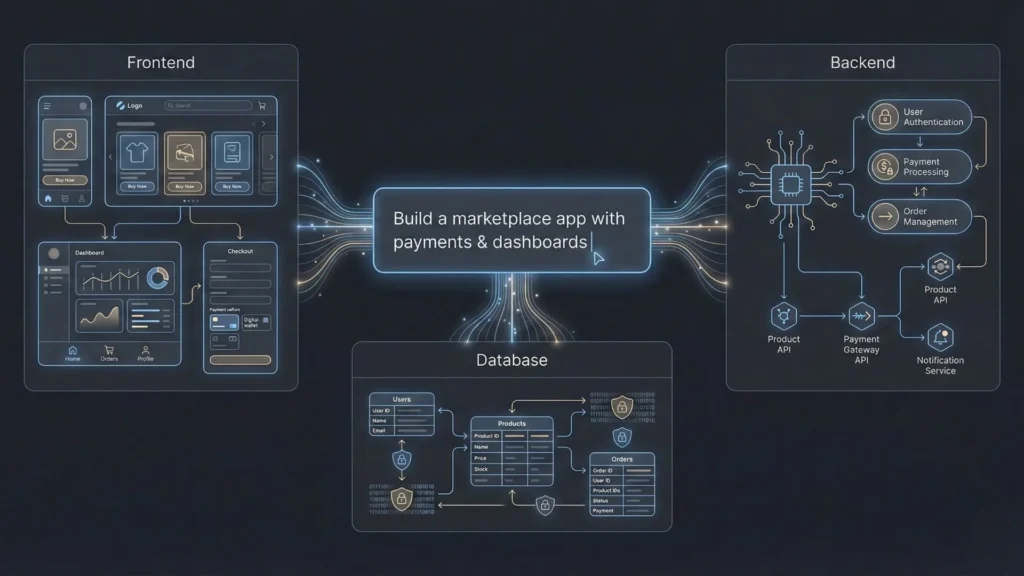 Diagram showing how a free AI app builder generates frontend interfaces, backend logic, and secure databases from a single prompt