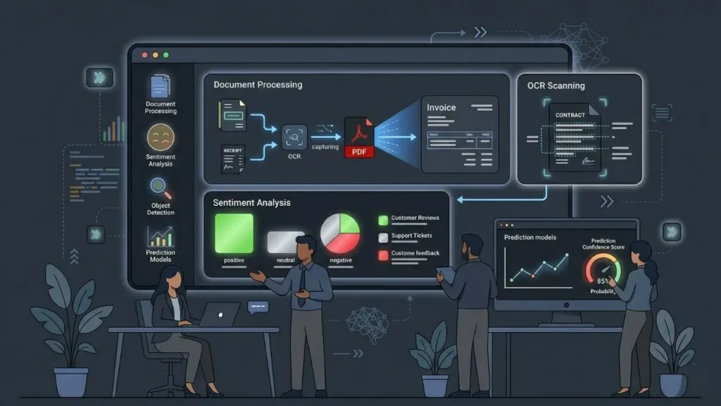 ai dashboard illustration showing document processing ocr scanning sentiment analysis