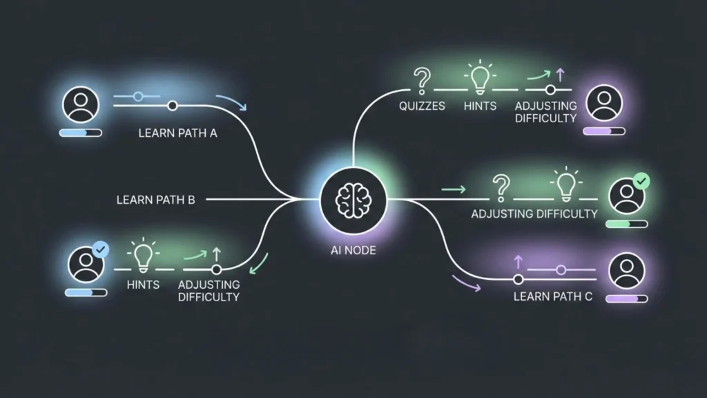 Dark mode line-art visualizing AI-driven adaptive learning paths, user avatars, and dynamic adjustments.