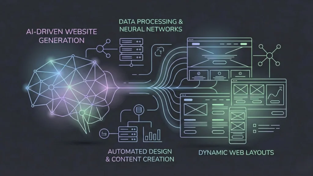Neon diagram showing AI brain creating dynamic web layouts automatically.