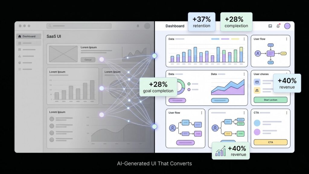 AI-generated SaaS UI dashboard showing analytics, user flows, and performance metrics with increased retention, revenue, and goal completion