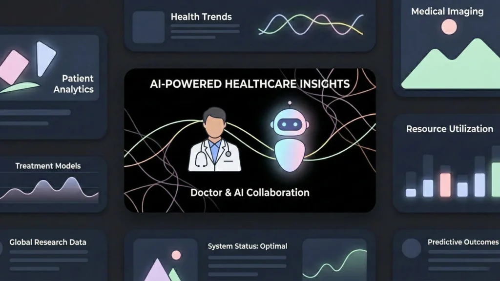 Dark mode illustration of a doctor and AI agent collaborating with healthcare data.