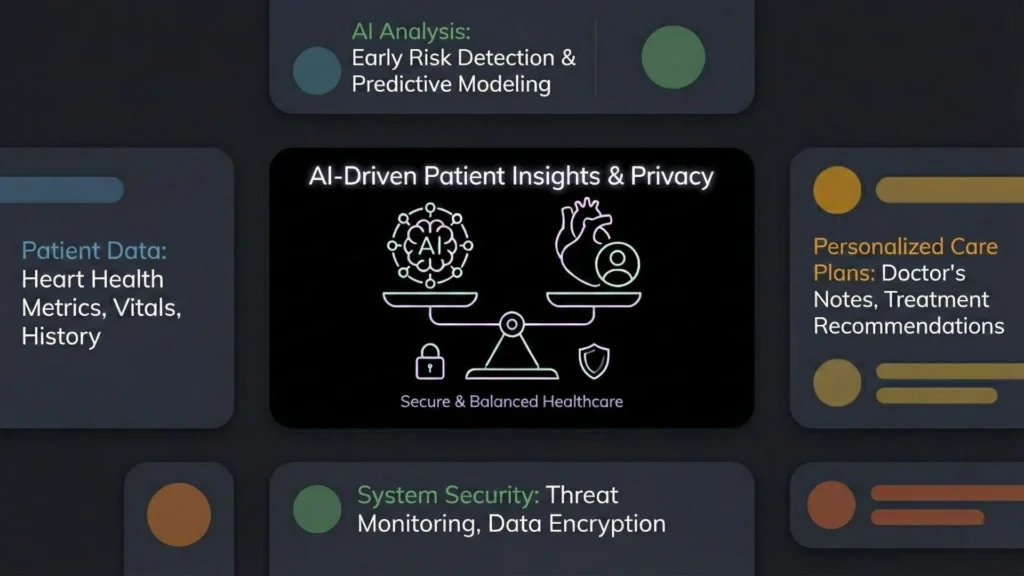 Dark mode scale balancing AI and heart with healthcare data privacy icons.