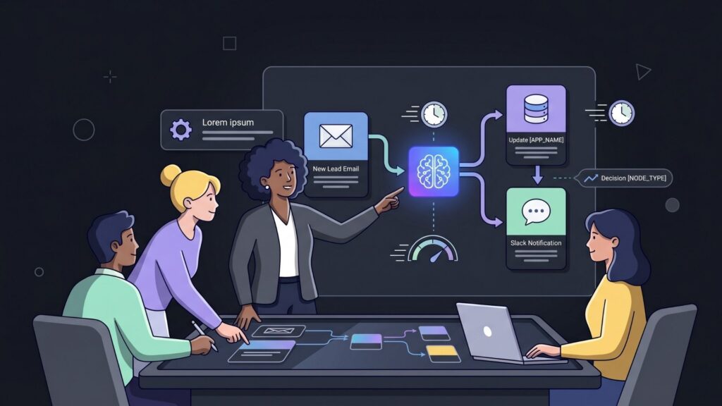 A diverse team of professionals collaborating around a large interactive screen, mapping out a visual no-code AI automation workflow that routes a new lead email through an AI node to update a database and send a Slack notification.