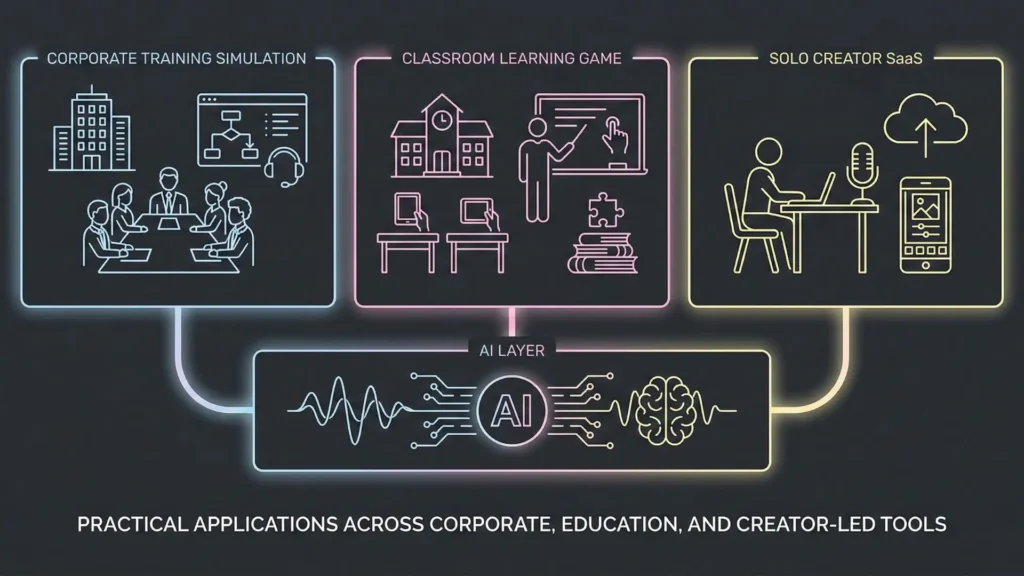 Neon line-art diagram showing an AI layer powering corporate, educational, and creator tools.
