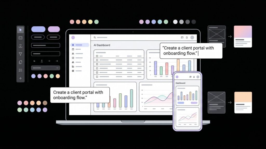 AI-powered SaaS dashboard interface with customizable UI components, charts, and client portal onboarding flow across desktop and mobile