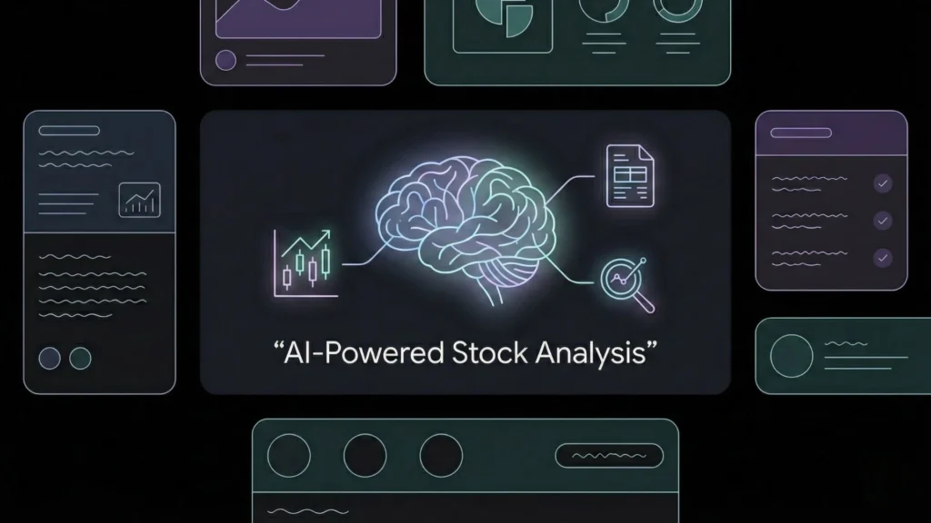 Dark mode financial dashboard with glowing AI brain and stock analysis charts.