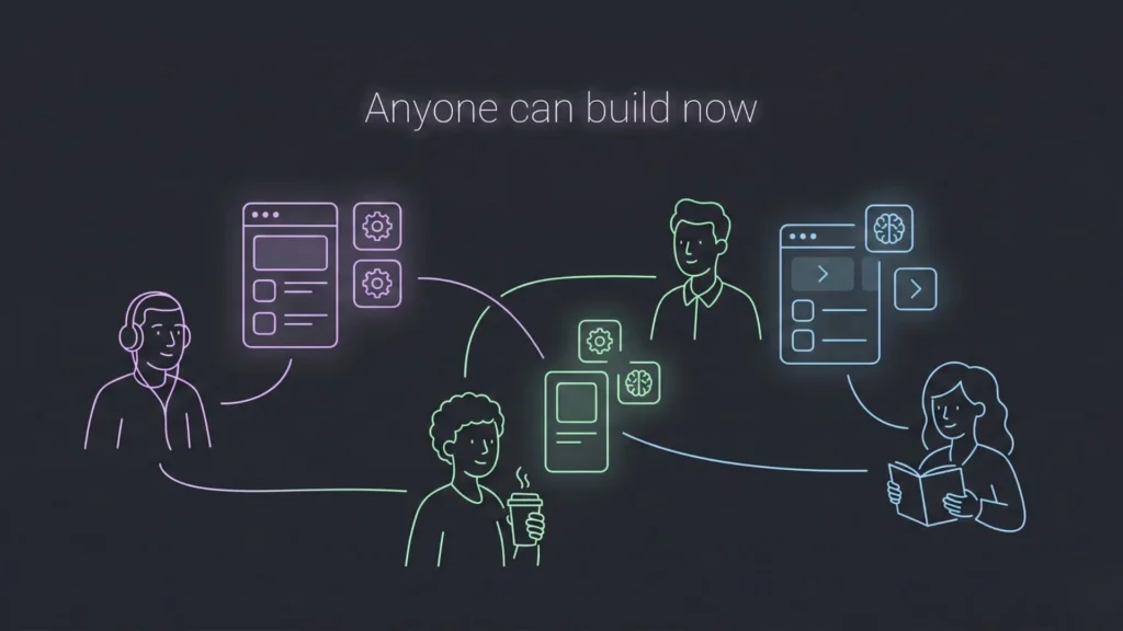 A minimal dark-mode illustration featuring diverse line-art creators building apps with glowing AI interfaces and the text "Anyone can build now."