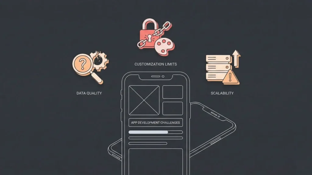 Dark mode line-art showing app interface with warning icons for data, customization, and scalability.