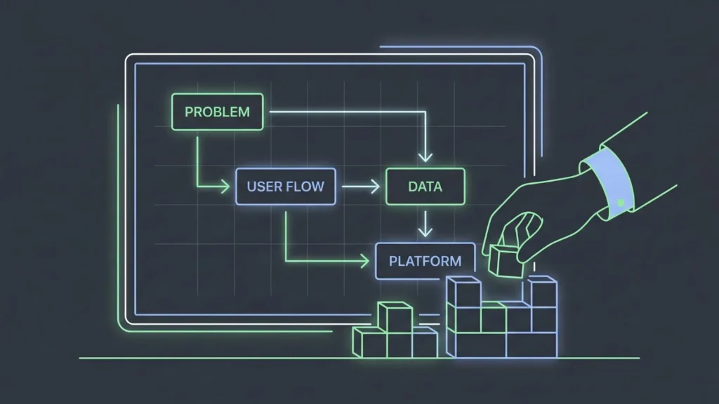 Minimal dark mode illustration of planning app foundations using a structured flowchart and blocks.