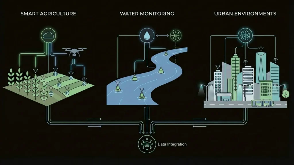 Diagram: Smart agriculture, water, and urban data flowing into a central hub.