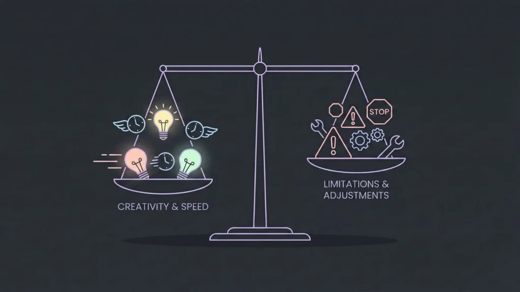 Minimal line art scale balancing lightbulb creativity against warning icons.