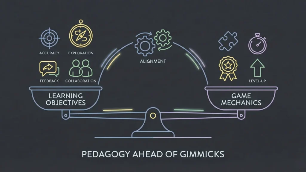 Minimal line-art scale balancing learning objectives with game mechanics on a dark background.