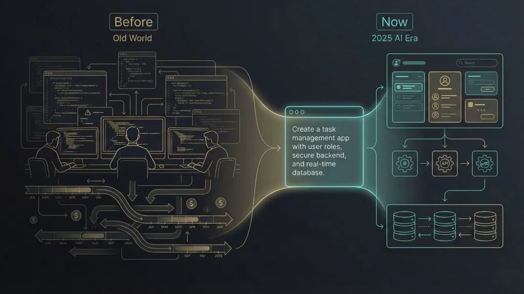Comparison between traditional software development and AI app builders in 2025 showing how apps are created using plain English instead of manual coding