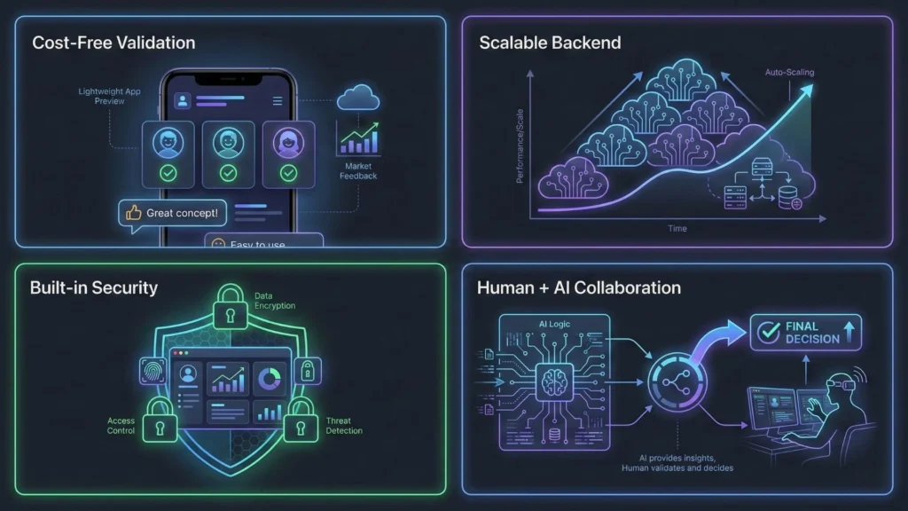 Illustration highlighting cost-free validation, scalable backend, built-in security, and human plus AI collaboration in AI app builders