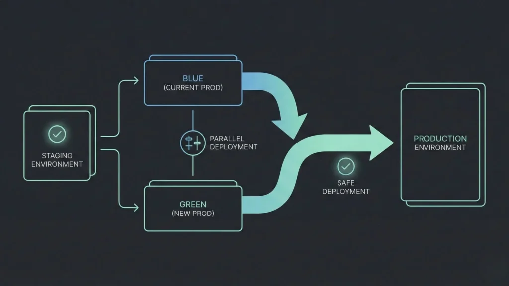 Dark mode diagram showing a blue-green safe deployment pipeline.