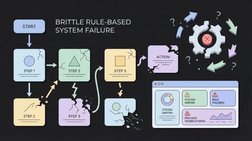 Vector infographic showing a broken, brittle rule-based system flowchart and error dashboard.