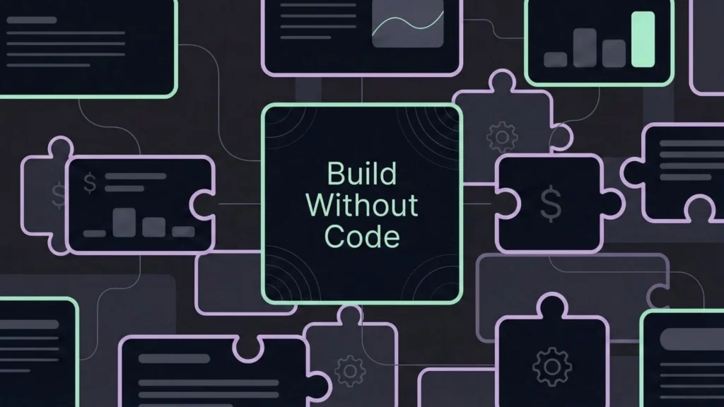 Dark mode illustration showing connecting puzzle pieces and Build Without Code text.