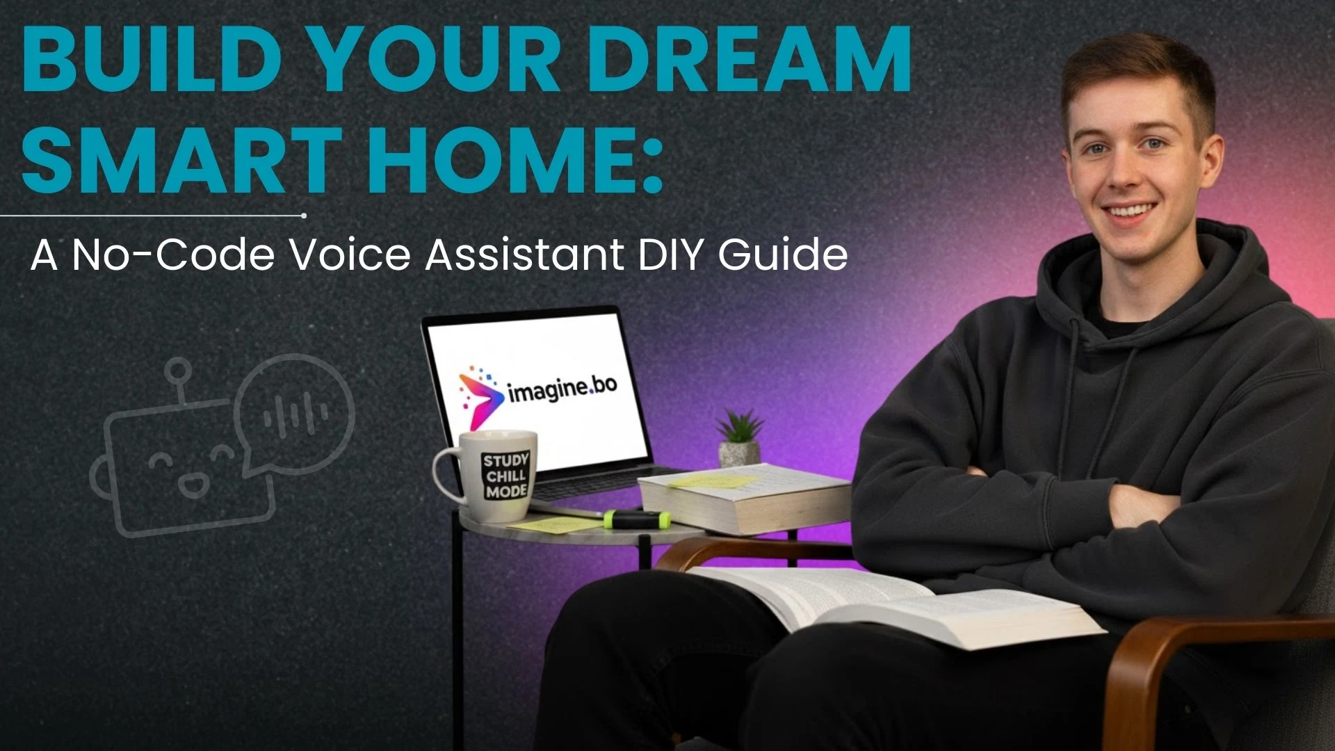 Hero image for a no-code smart home guide showing a creator with a laptop running Imagine.bo and visuals representing voice assistant automation.