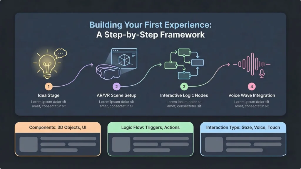 Dark mode diagram showing idea, AR/VR, logic, and voice workflow.