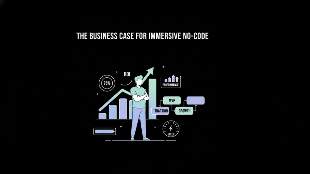 Professional SaaS illustration of founder with growth charts on dark background.