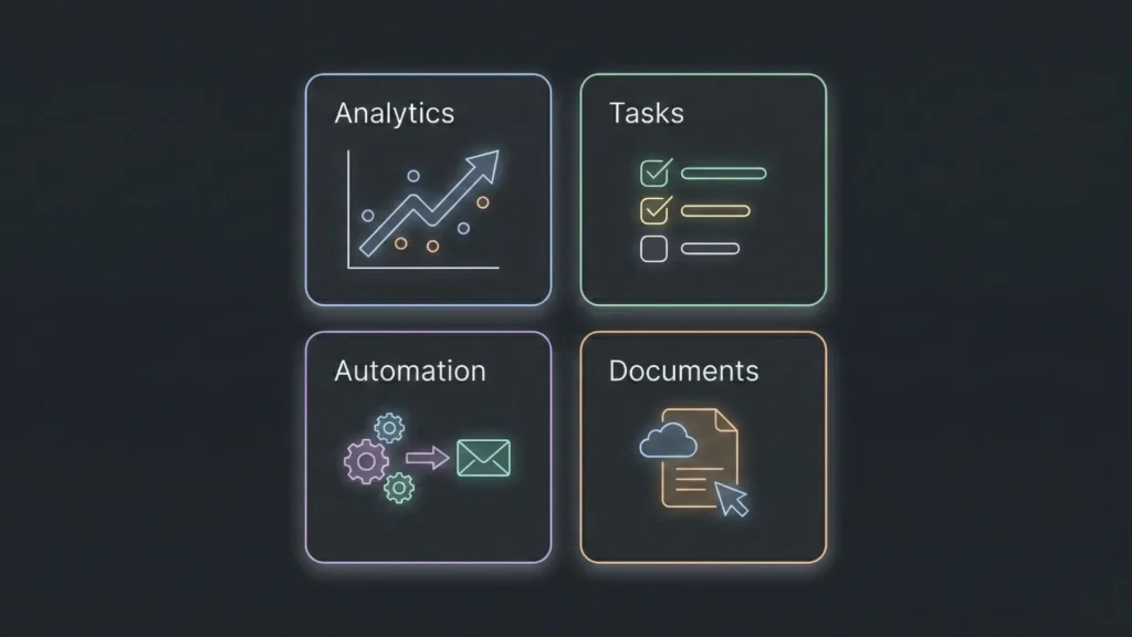 Dark mode productivity dashboard UI with neon icons.