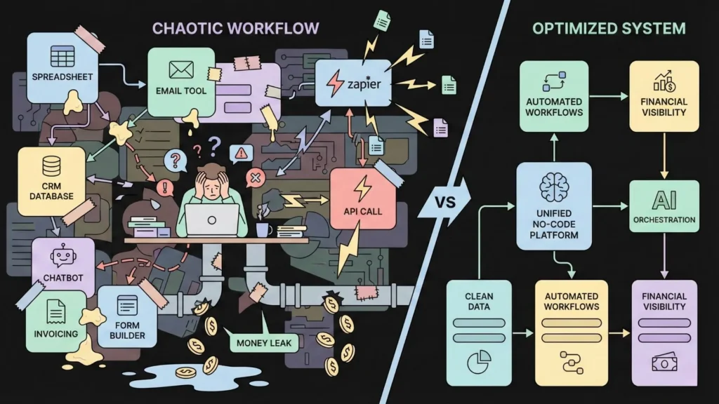 Comparison of messy no-code automations using spreadsheets, Zapier, APIs, and manual steps versus a unified AI-driven no-code platform with clean workflows and cost control.