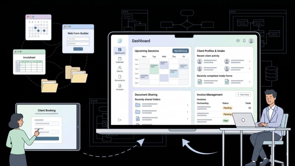 Illustration of a business management dashboard with connected workflows.