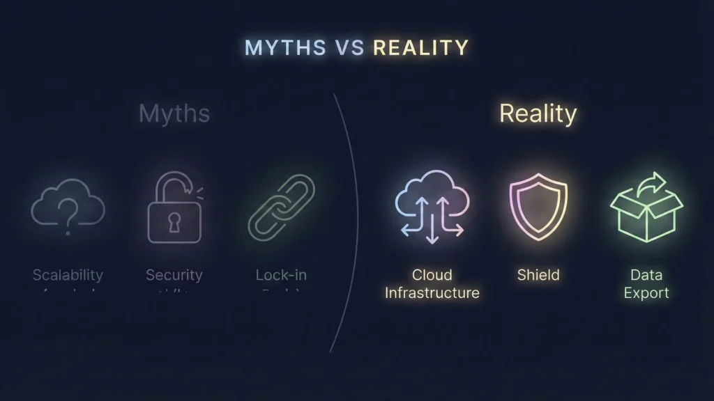 Glowing icons contrasting faded cloud myths with secure reality.