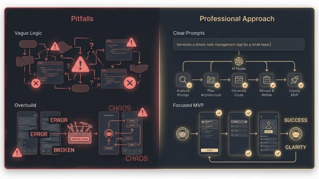 Comparison showing common no-code app development mistakes versus a professional AI-driven workflow with clear prompts and structured MVPs